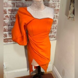 ASOS orange lightweight asymetrical uff sleeve drape skirt formal prom dress, 4